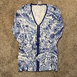 Cache Blue and White Patterned Cardigan